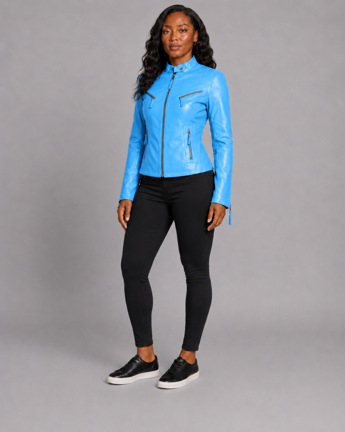 Women’s Sky Blue Zip-Up Leather Moto Jacket