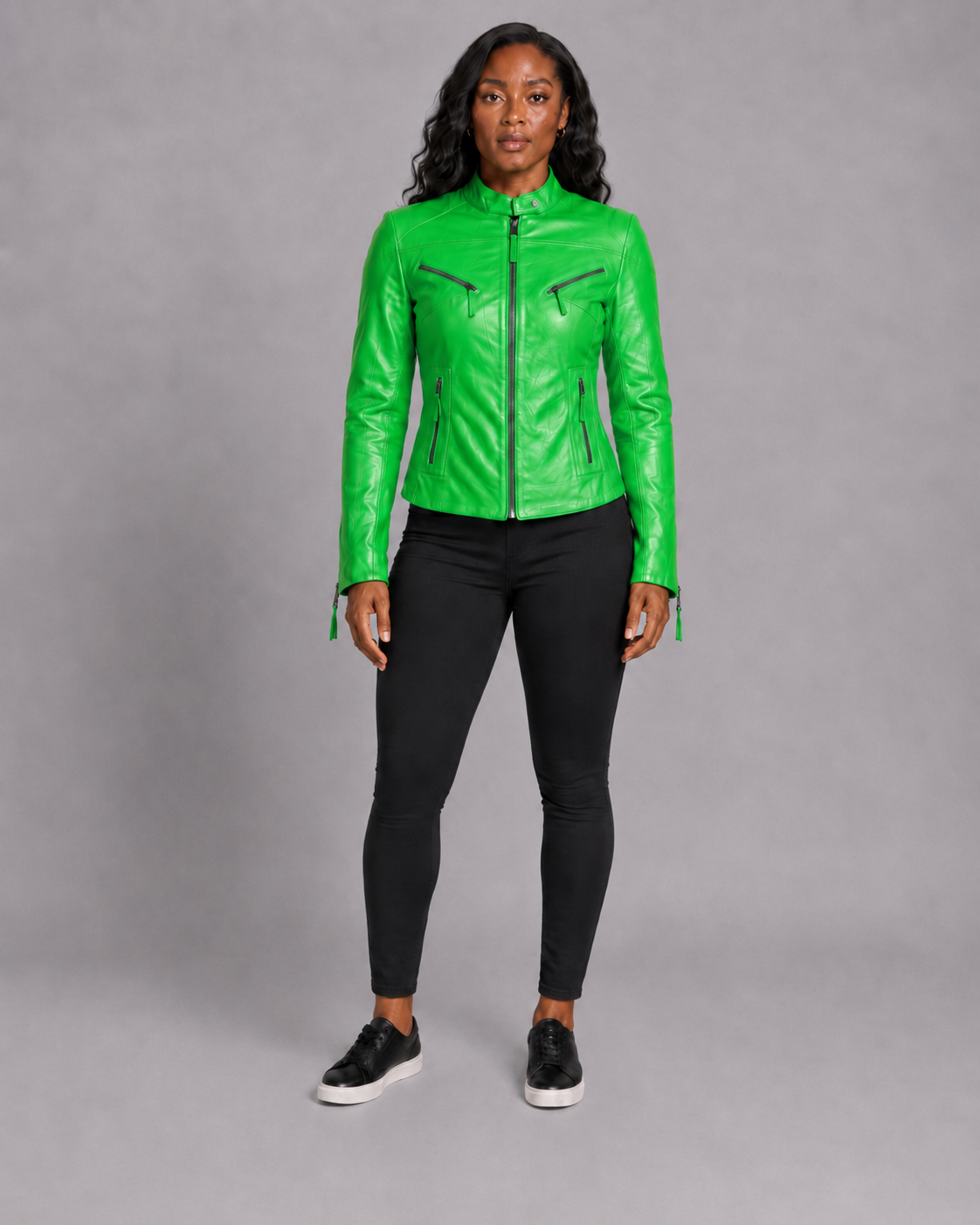 Women’s Green Zip-Up Leather Moto Jacket