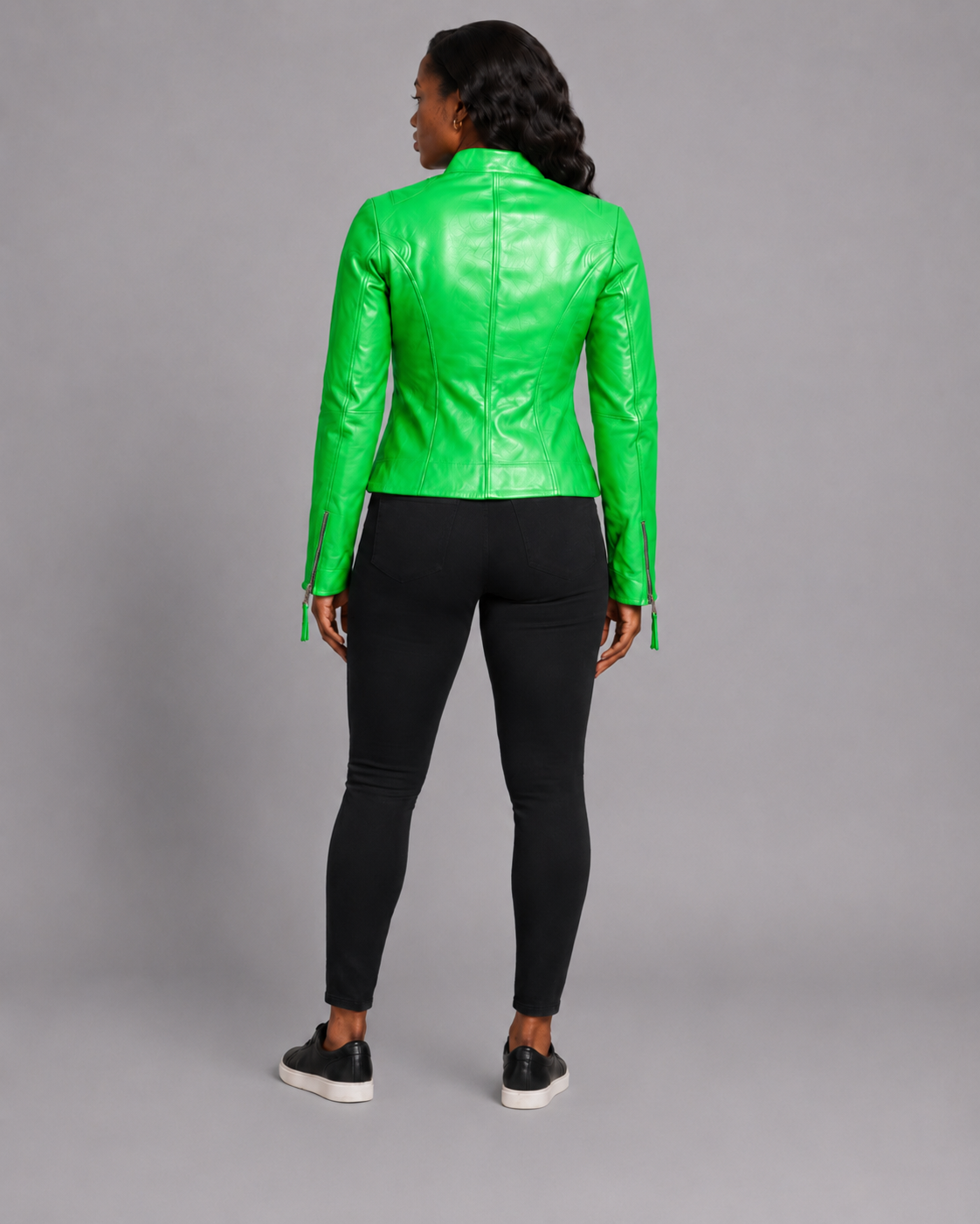 Women’s Green Zip-Up Leather Moto Jacket