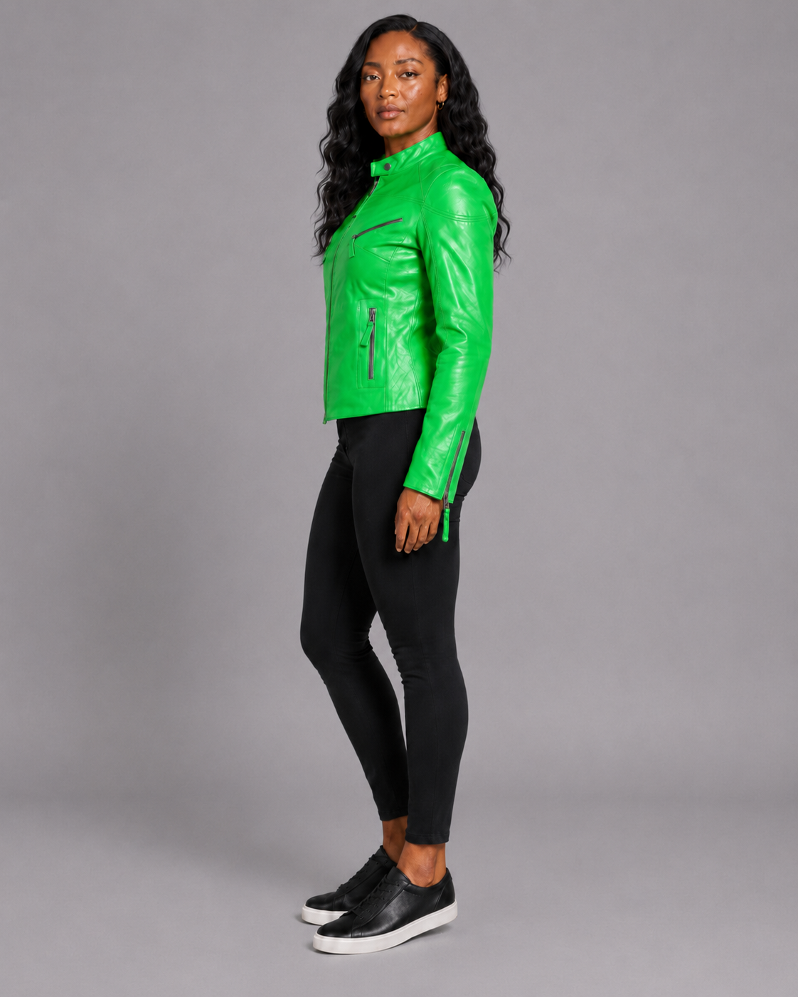 Women’s Green Zip-Up Leather Moto Jacket