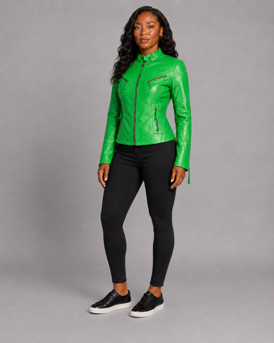 Women’s Green Zip-Up Leather Moto Jacket