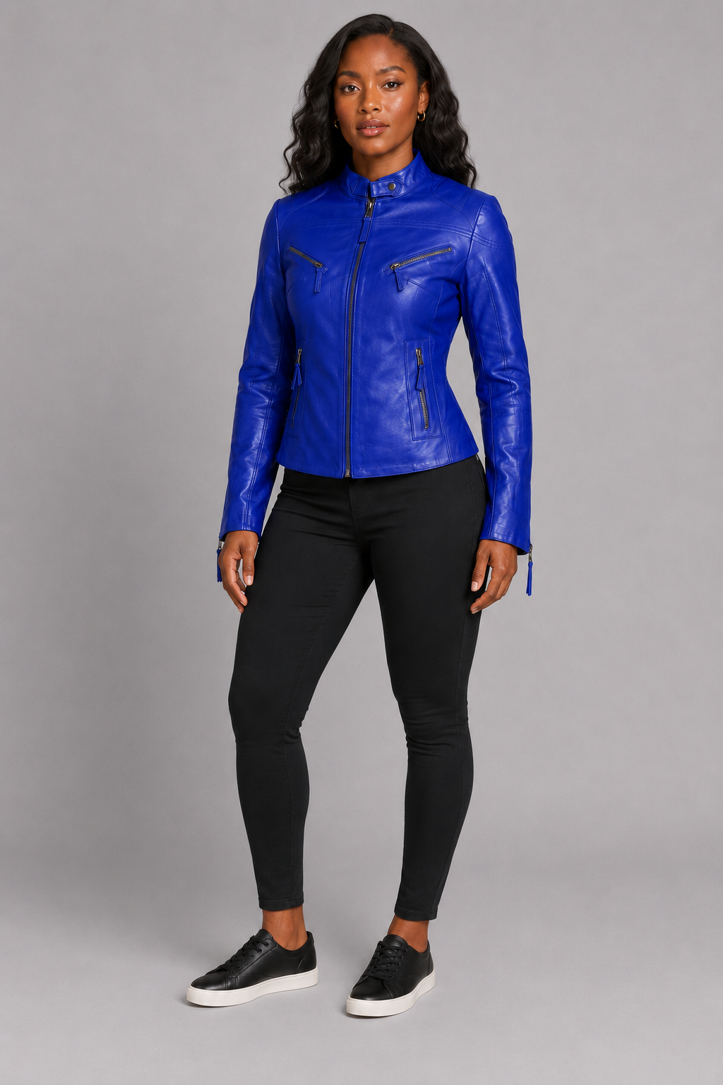 Women’s Royal Blue Zip-Up Leather Moto Jacket