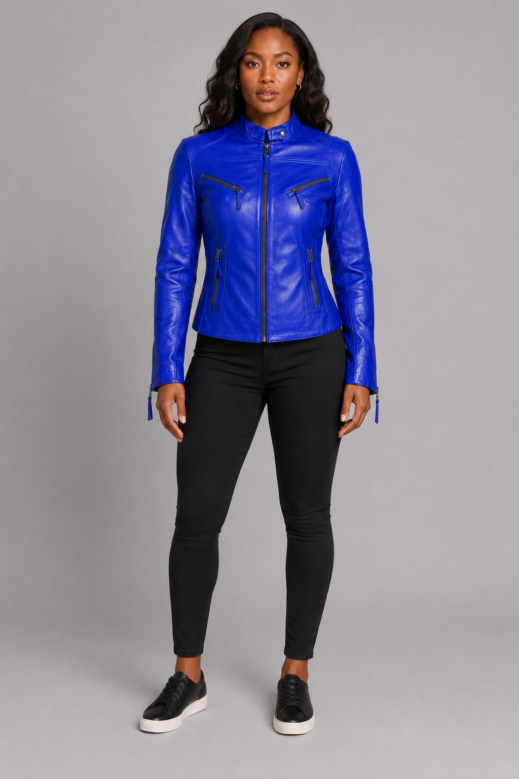 Women’s Royal Blue Zip-Up Leather Moto Jacket