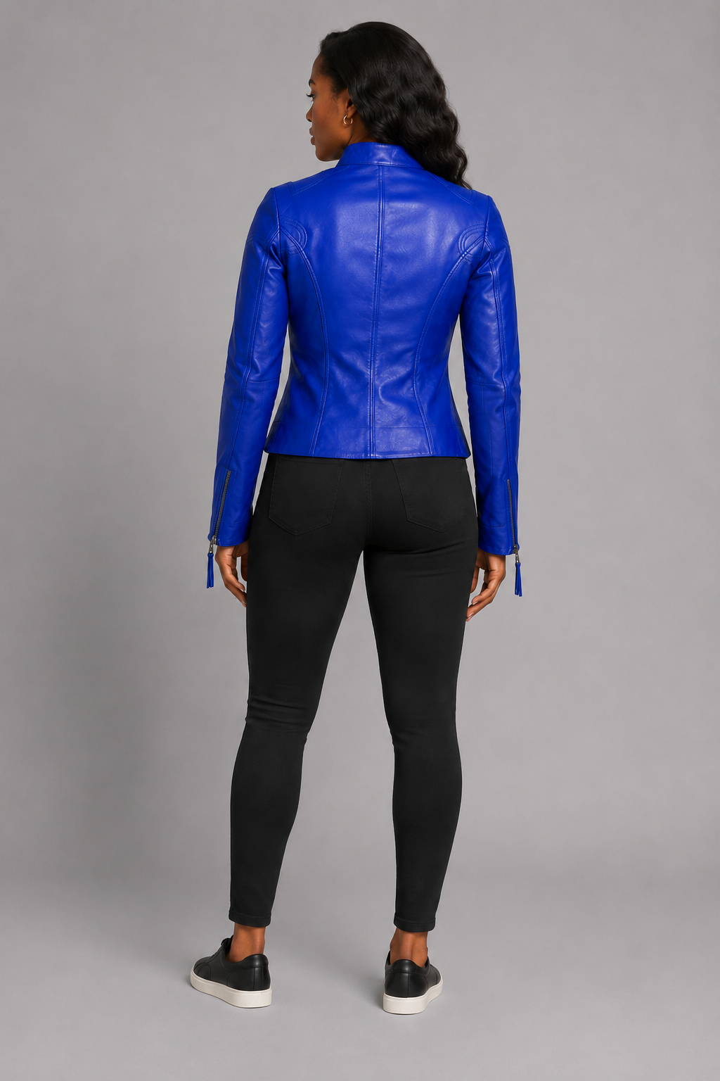 Women’s Royal Blue Zip-Up Leather Moto Jacket