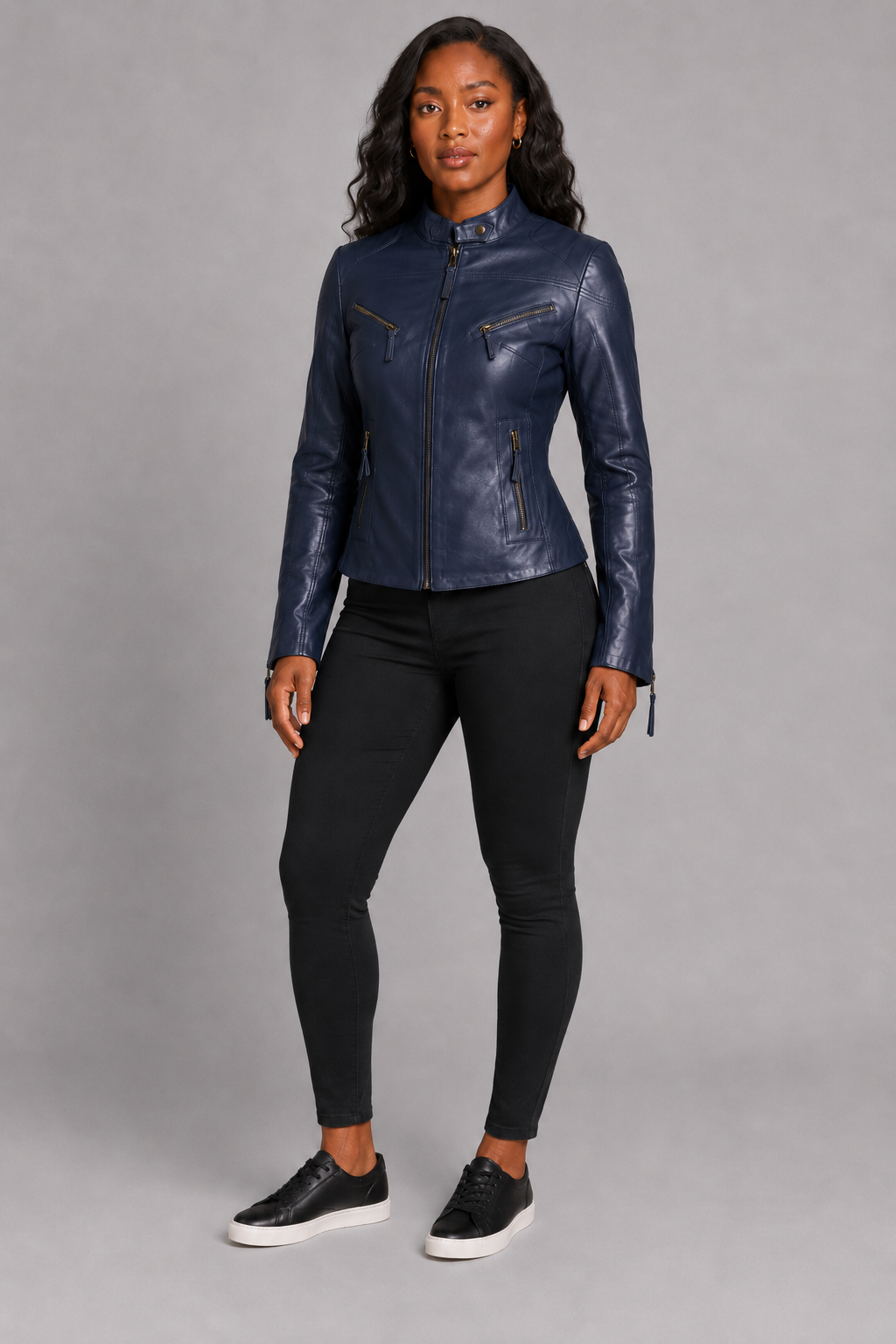 Women’s Navy Blue Zip-Up Leather Moto Jacket