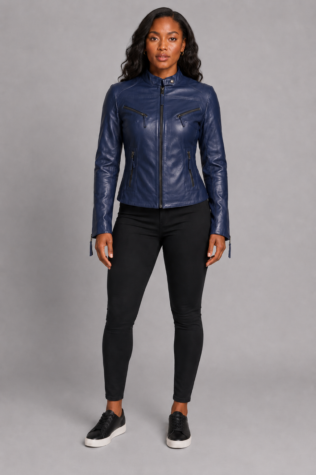 Women’s Navy Blue Zip-Up Leather Moto Jacket