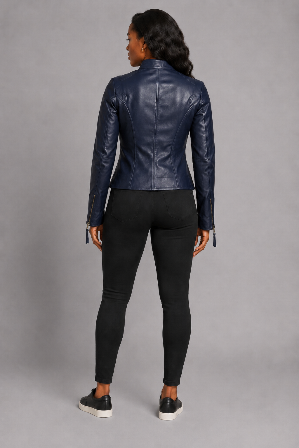 Women’s Navy Blue Zip-Up Leather Moto Jacket