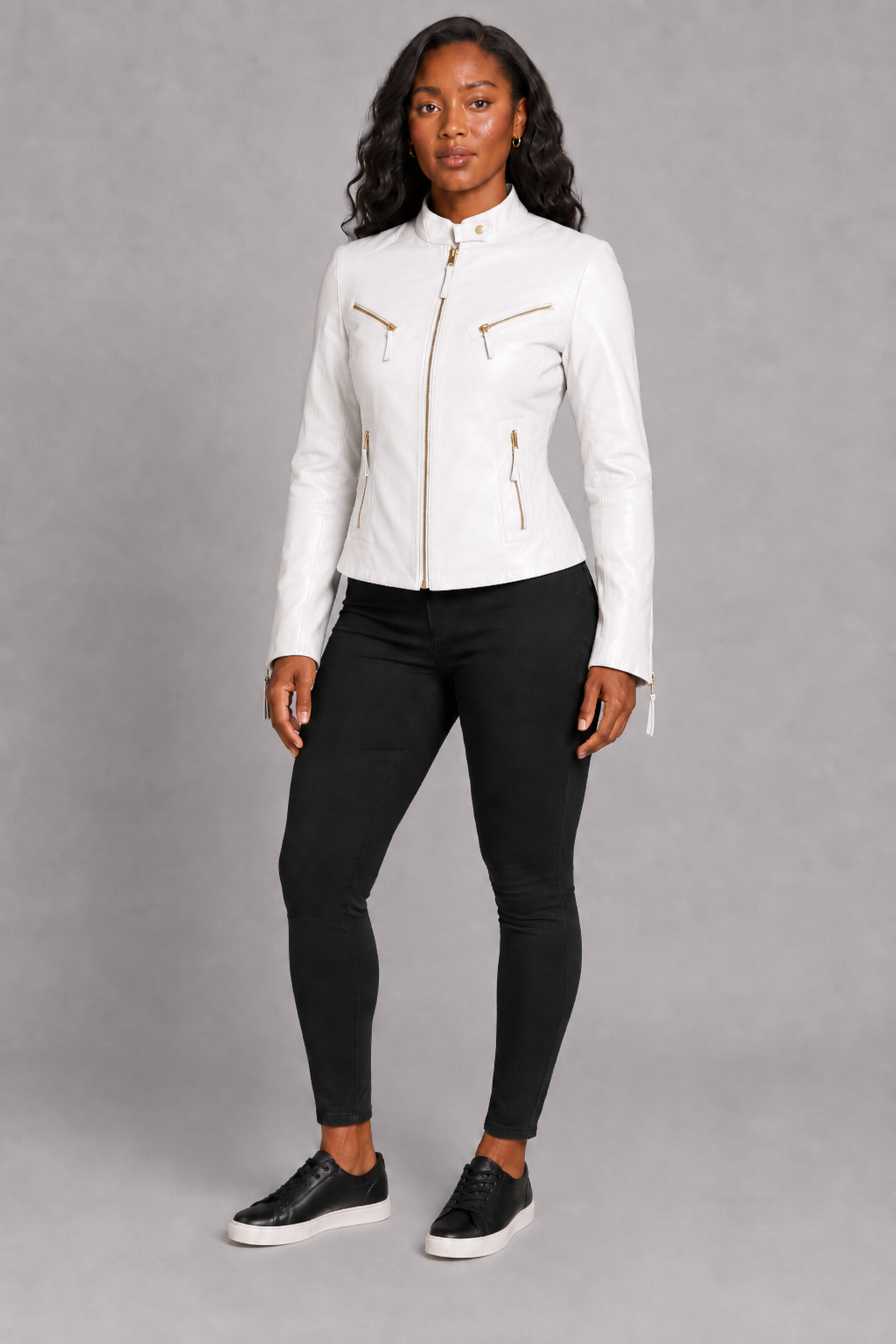 Women’s White Zip-Up Leather Moto Jacket