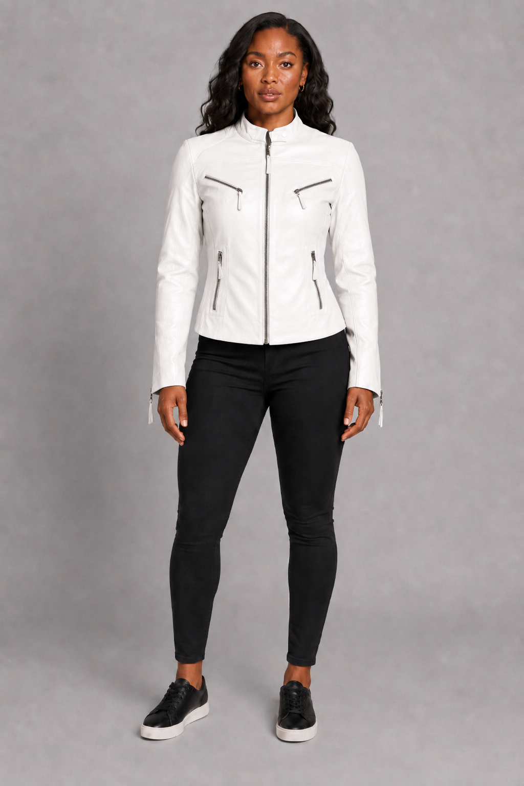 Women’s White Zip-Up Leather Moto Jacket