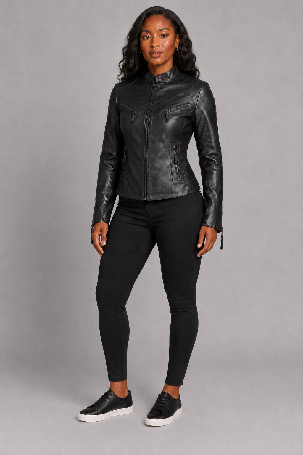 Women’s Black Zip-Up Leather Moto Jacket