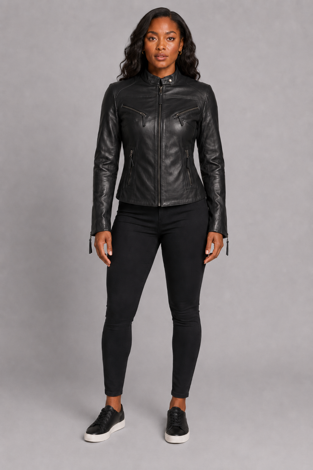 Women’s Black Zip-Up Leather Moto Jacket