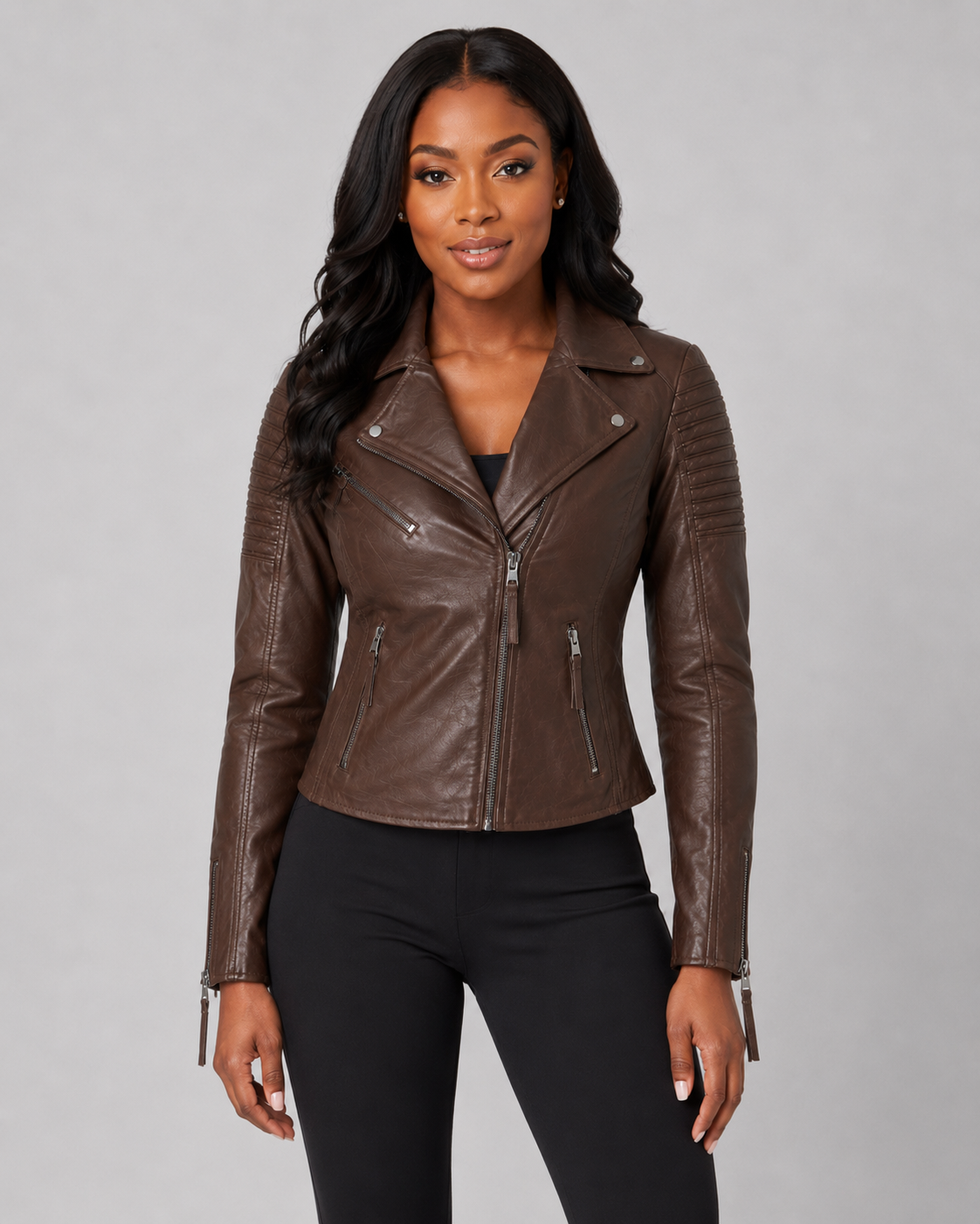 Women’s Brown Asymmetrical Leather Moto Jacket