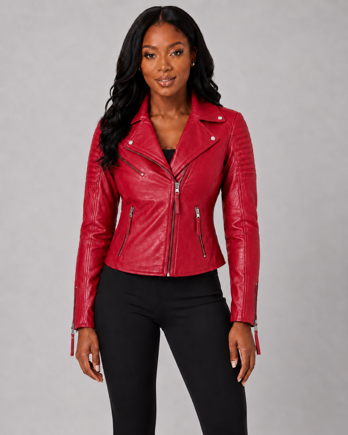 Women’s Red Asymmetrical Leather Moto Jacket