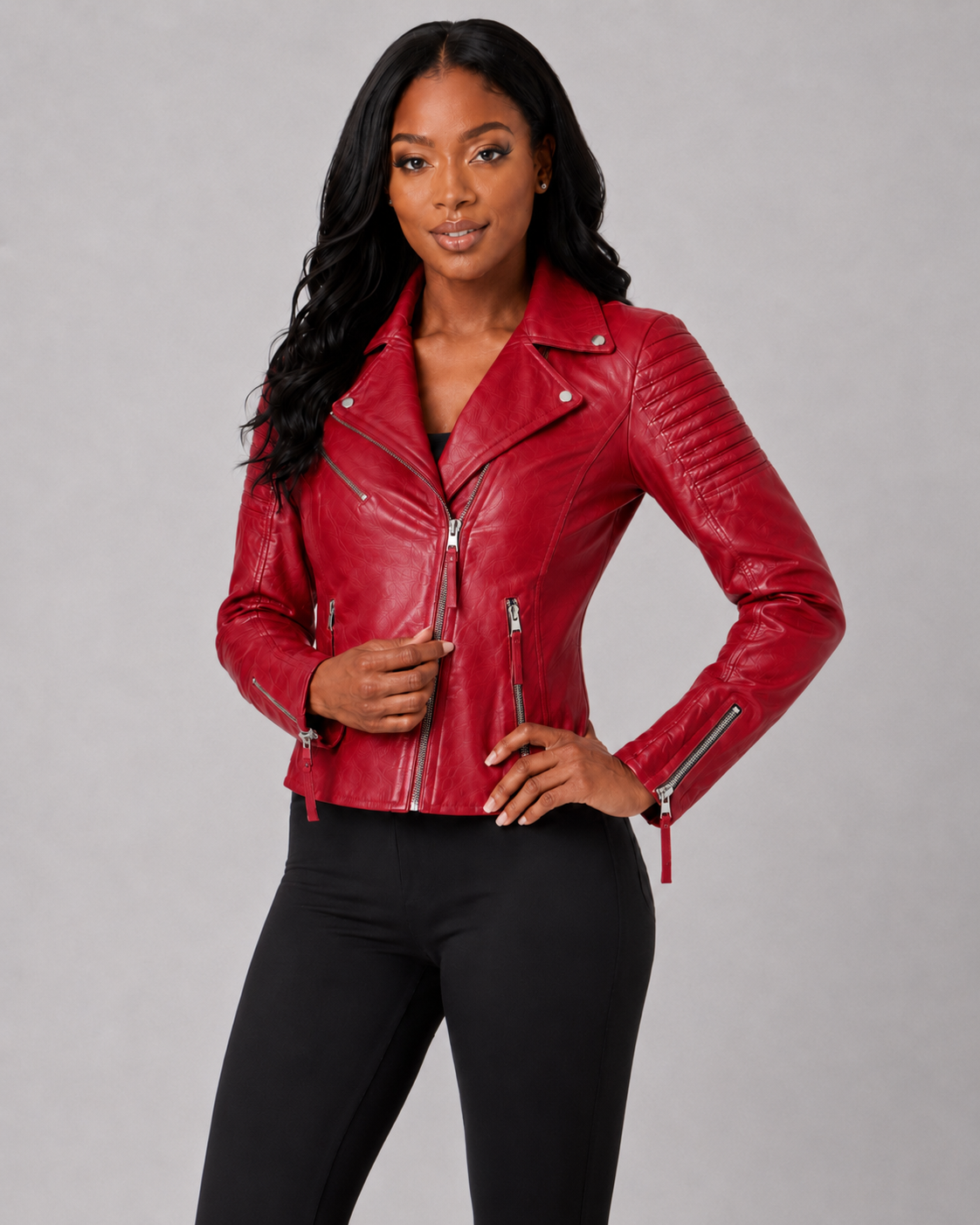 Women’s Red Asymmetrical Leather Moto Jacket
