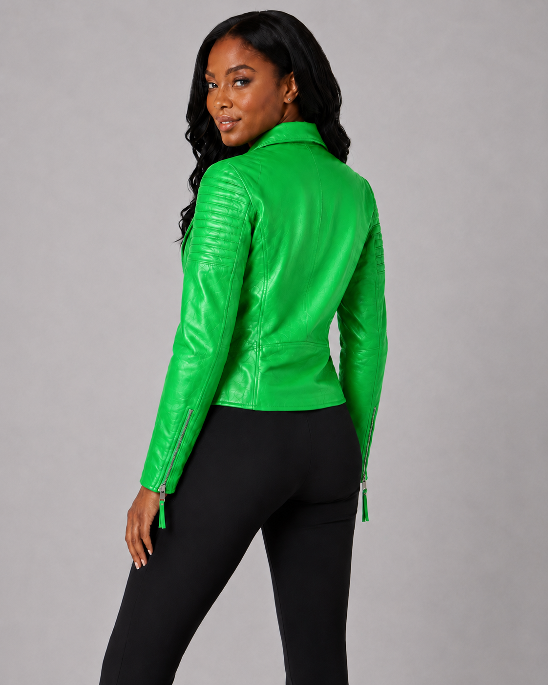 Women’s Green Croc-Embossed Leather Moto Jacket
