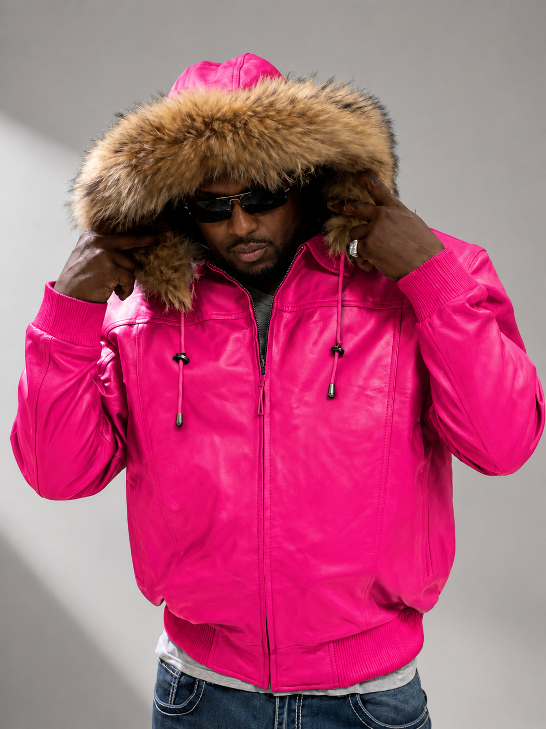 Men's Leather Jacket Bomber C [Pink]