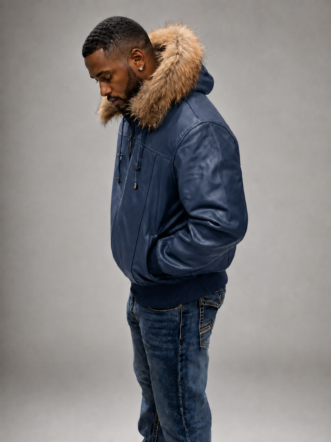 Men's Leather Jacket Bomber C [Blue]