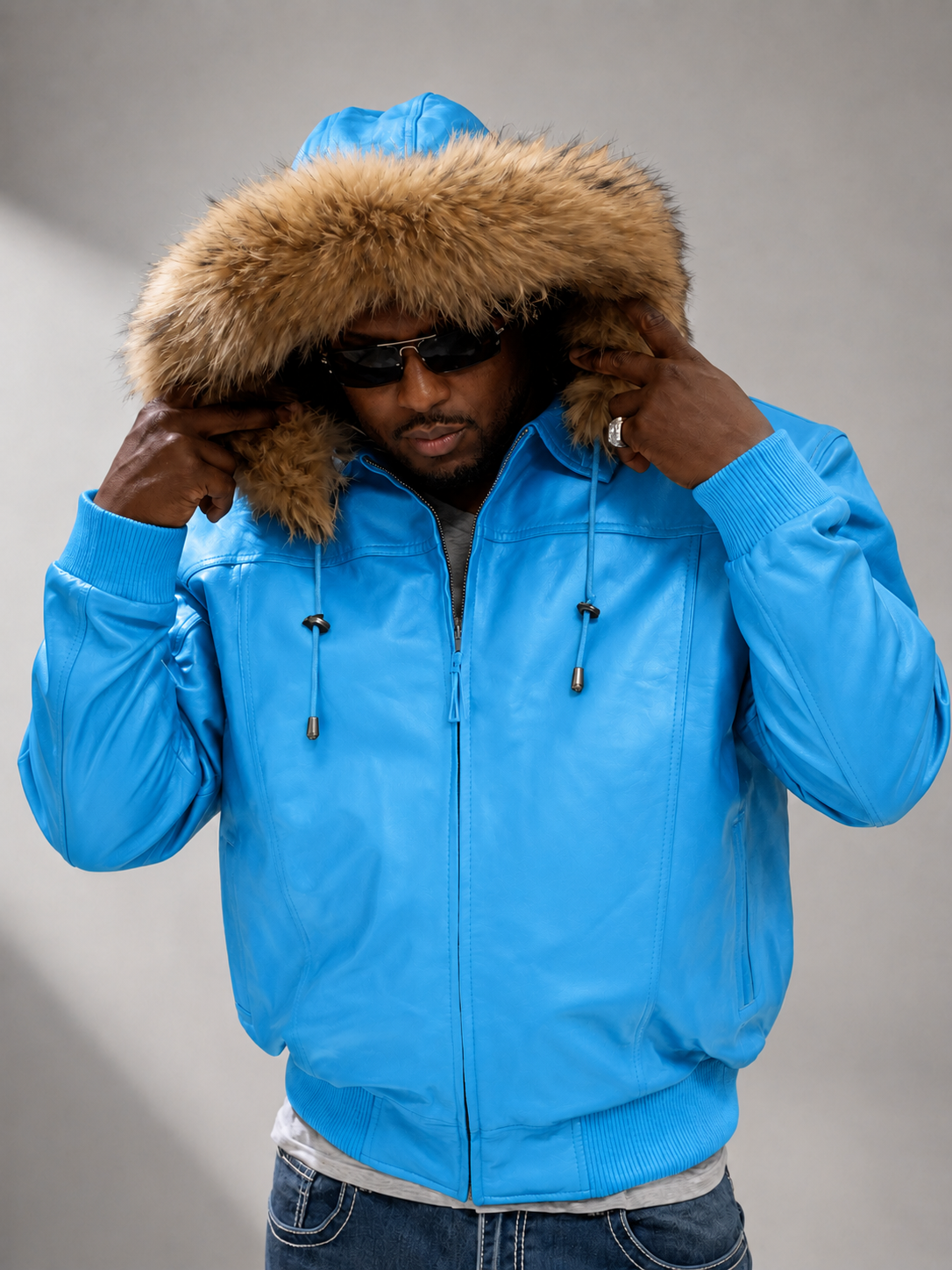 Men's Leather Jacket Bomber C [Blue]