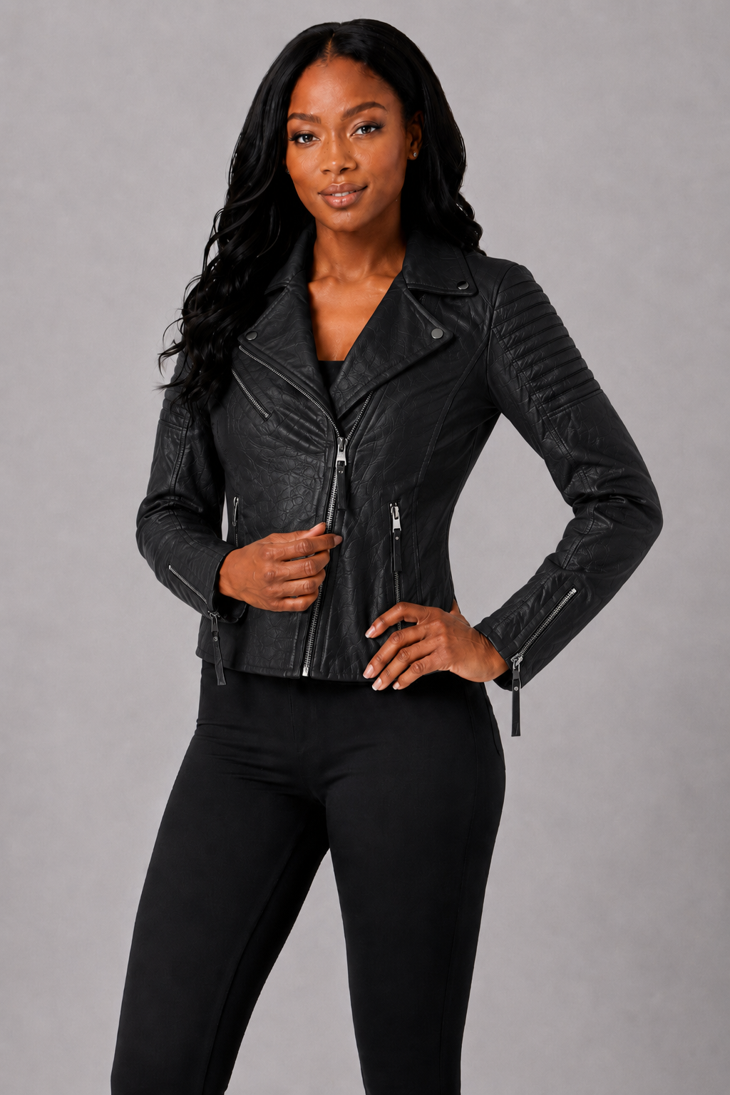 Women’s Black Croc-Embossed Leather Moto Jacket