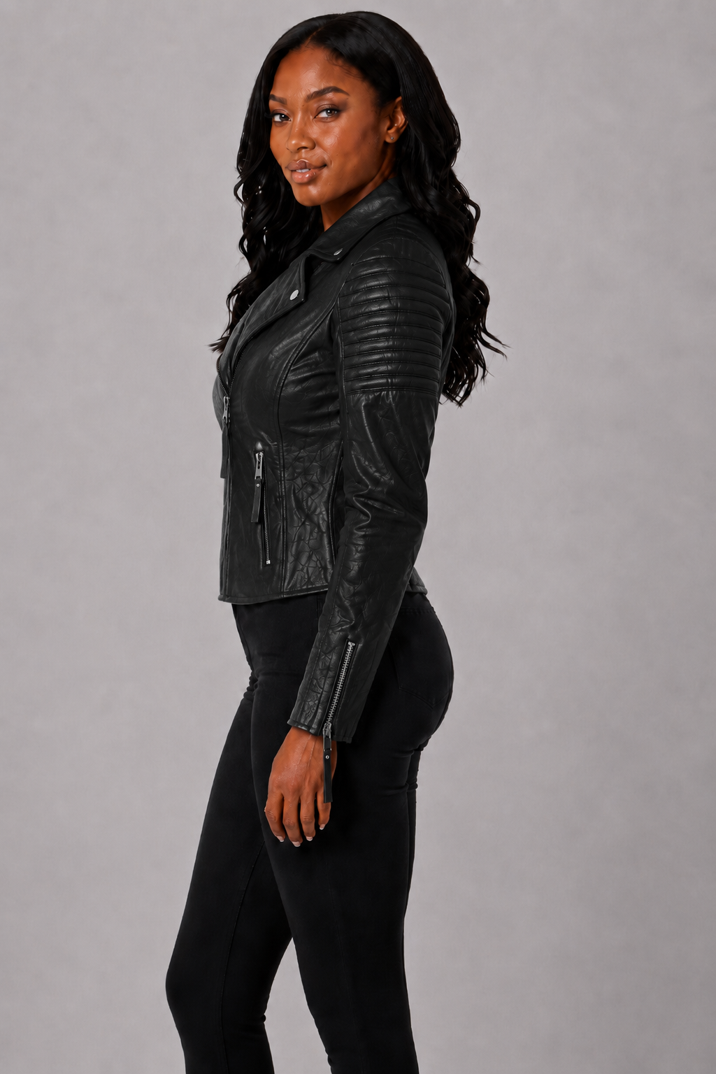 Women’s Black Croc-Embossed Leather Moto Jacket