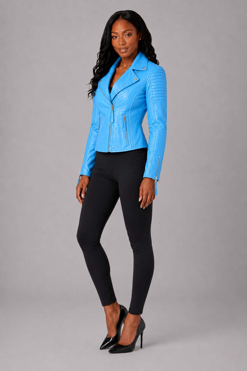 Women’s Sky Blue Leather Moto Jacket