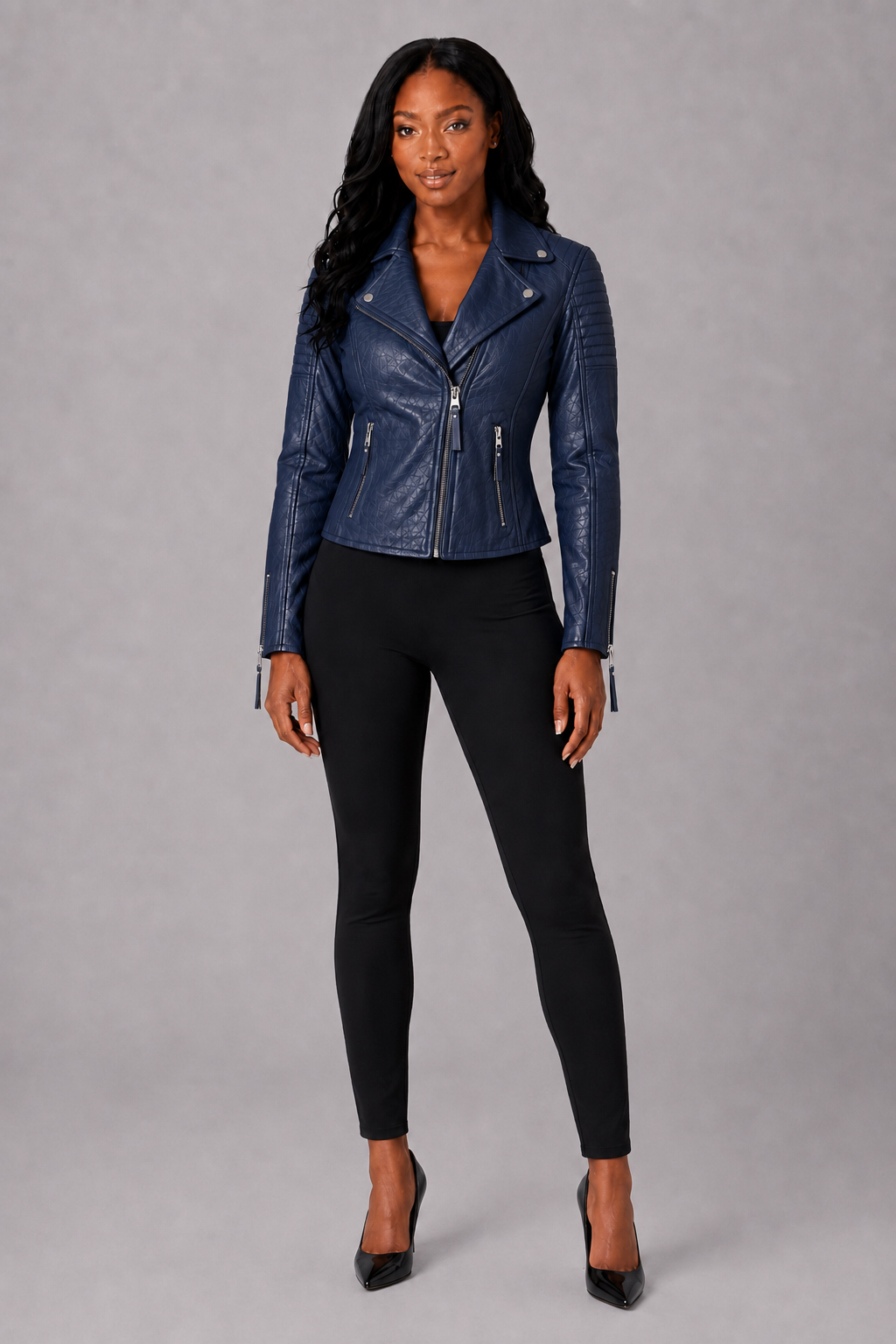 Women’s Navy Blue Leather Moto Jacket