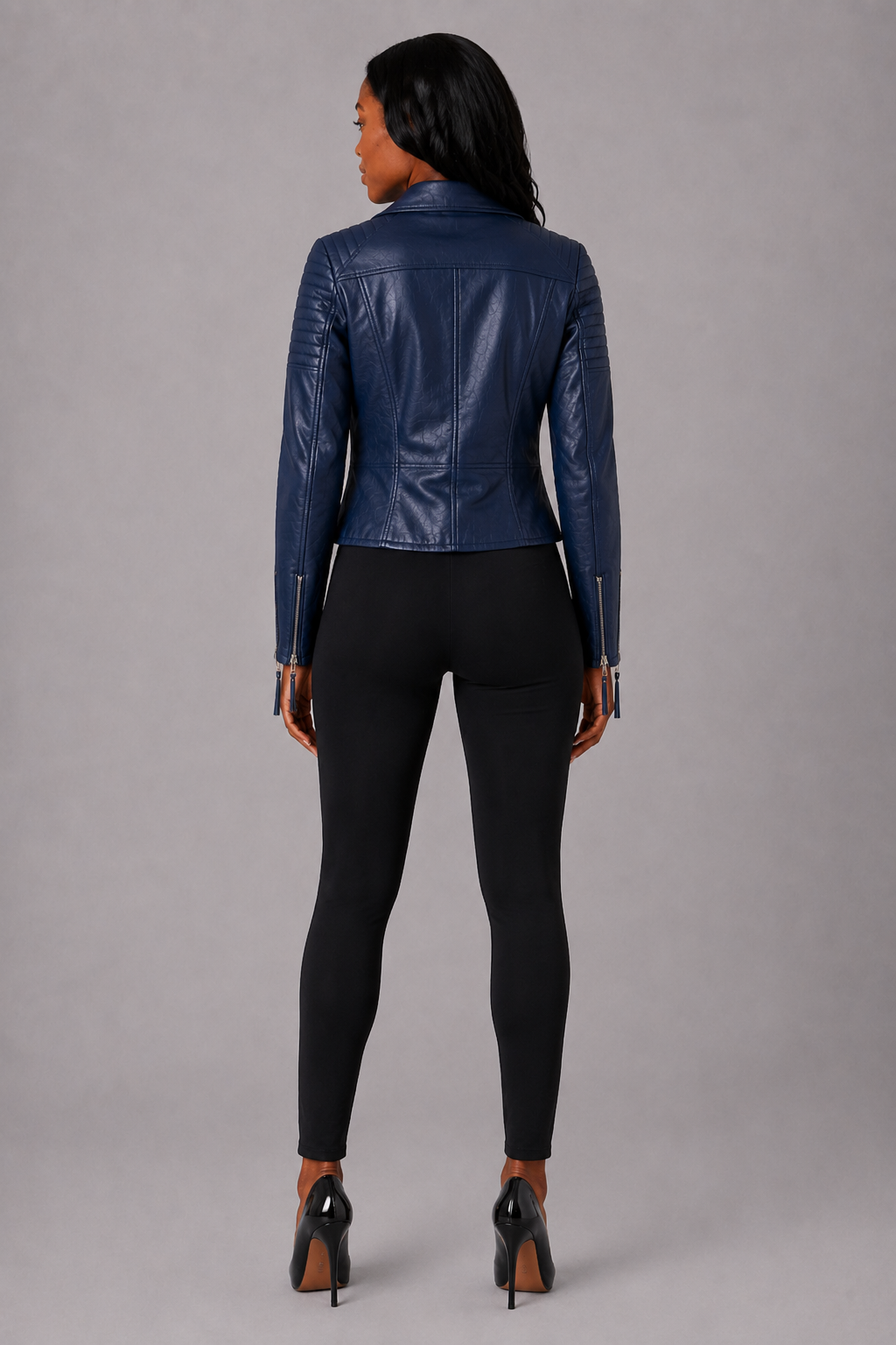 Women’s Navy Blue Leather Moto Jacket