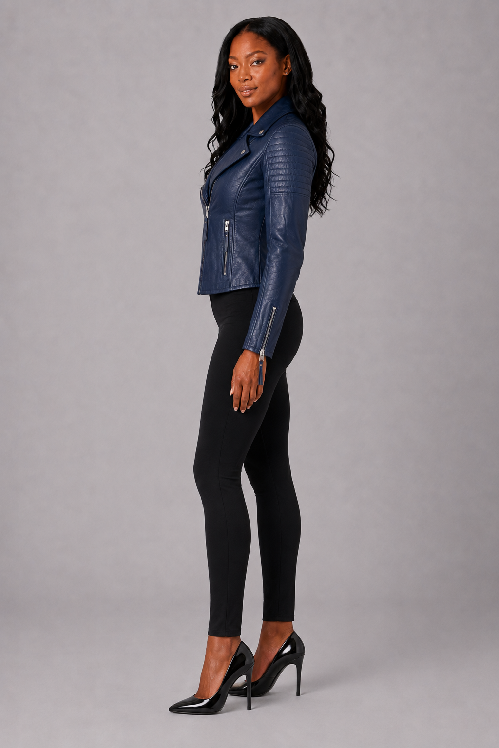 Women’s Navy Blue Leather Moto Jacket