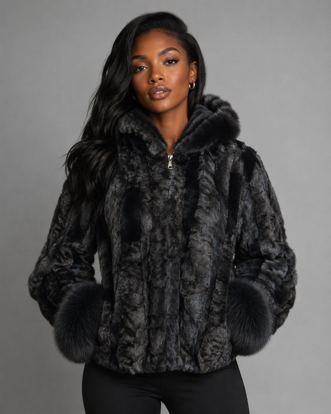 Women’s Black Mink Faux Fur Hooded Jacket - William Leather