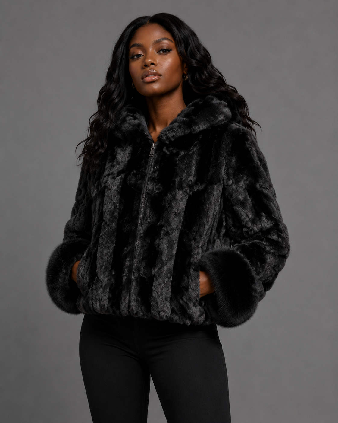 Women’s Black Mink Faux Fur Hooded Jacket - William Leather