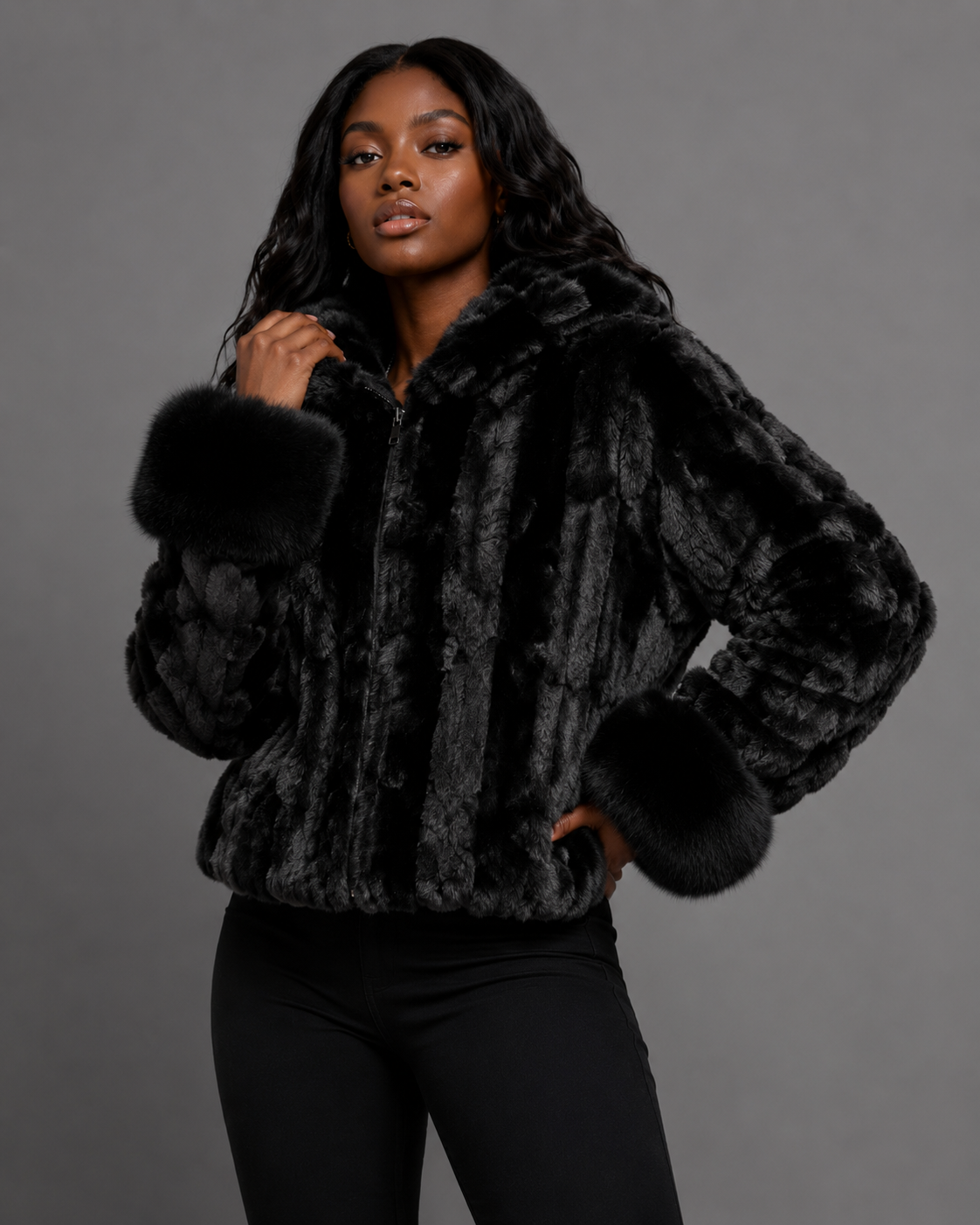 Women’s Black Mink Faux Fur Hooded Jacket - William Leather