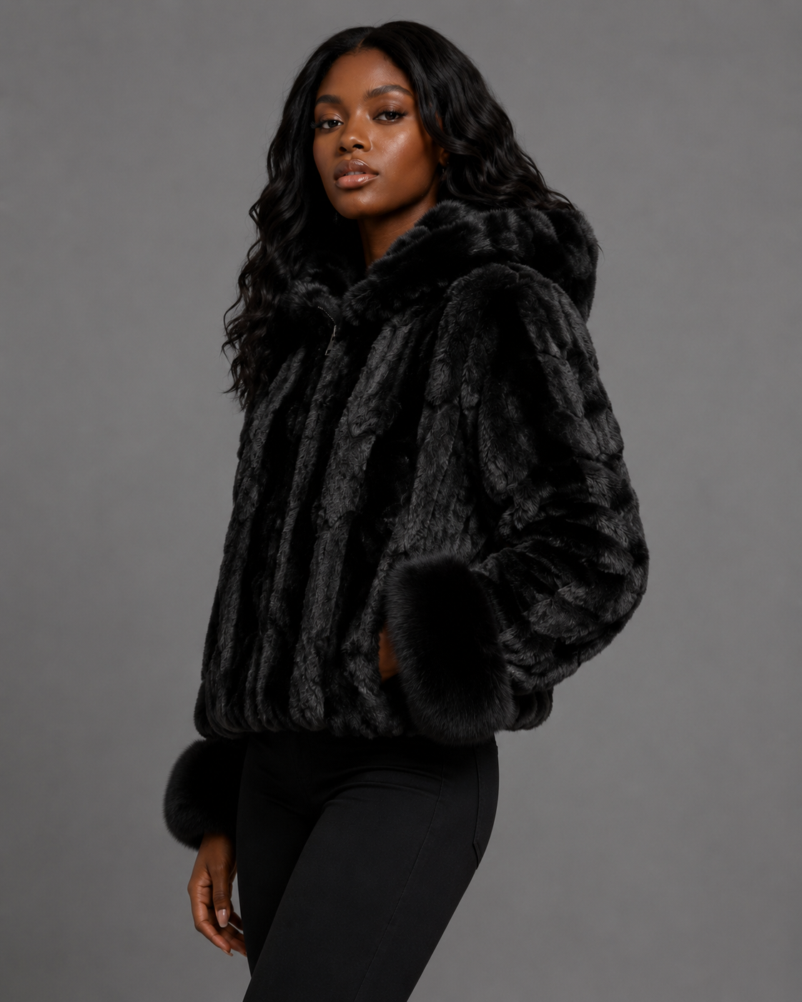 Women’s Black Mink Faux Fur Hooded Jacket