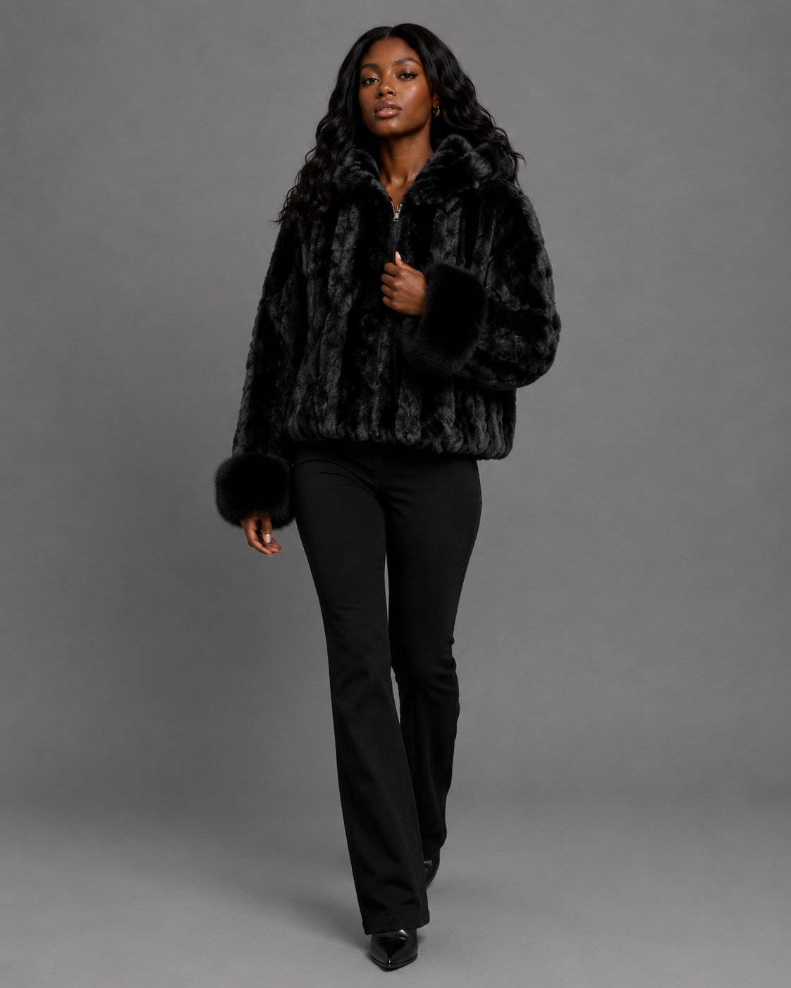 Women’s Black Mink Faux Fur Hooded Jacket