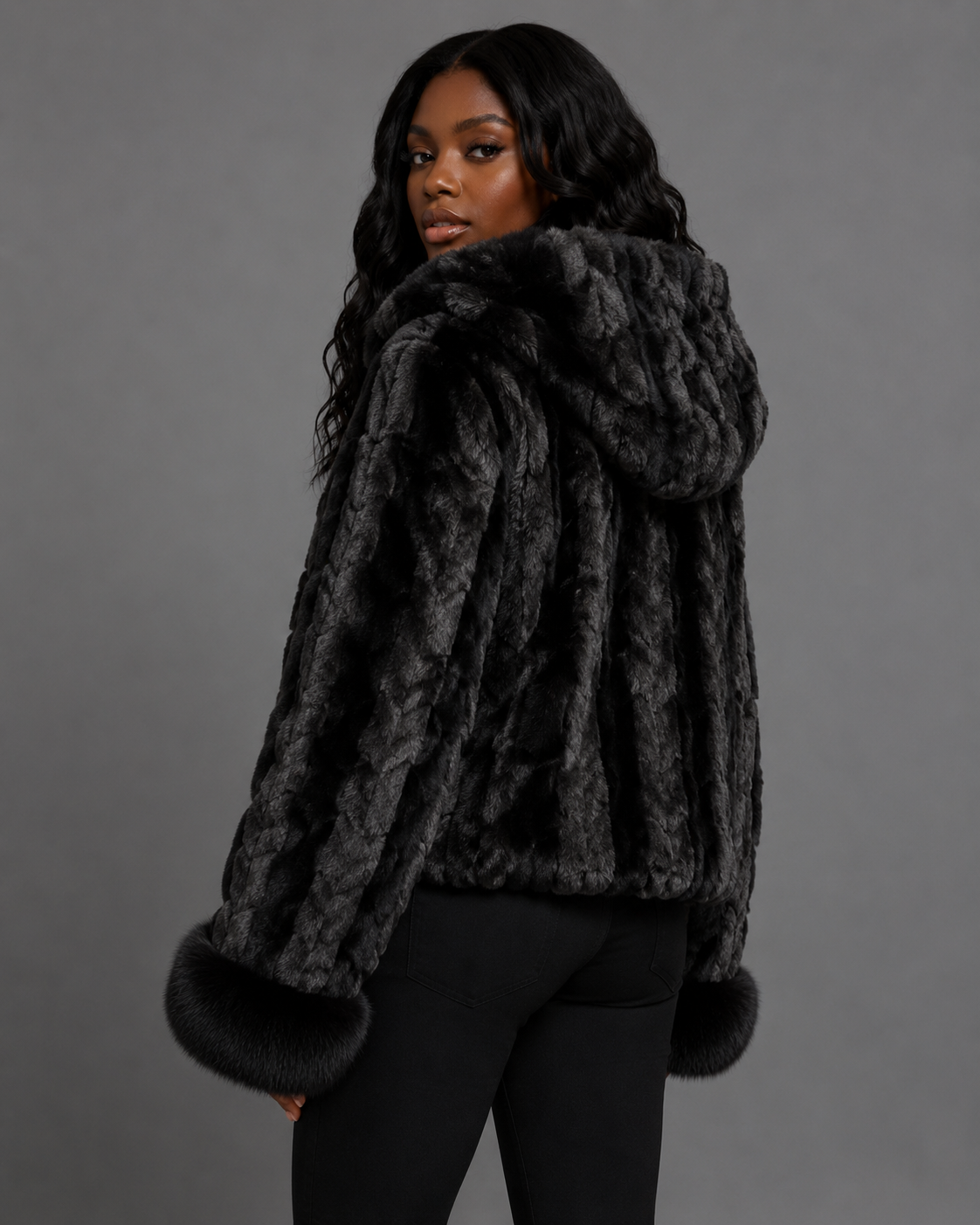 Women’s Black Mink Faux Fur Hooded Jacket - William Leather