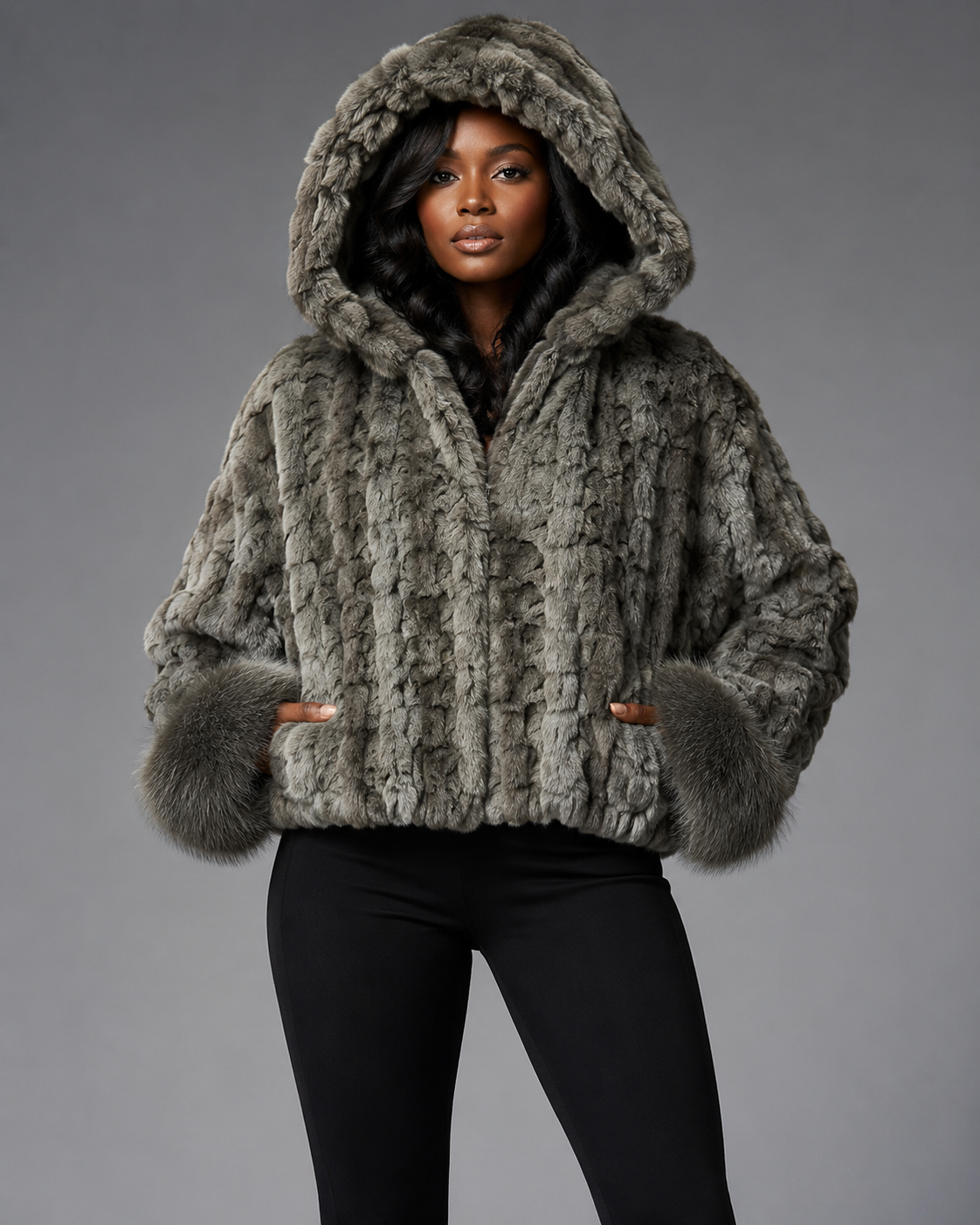 Women’s Grey Mink Faux Fur Hooded Jacket - William Leather