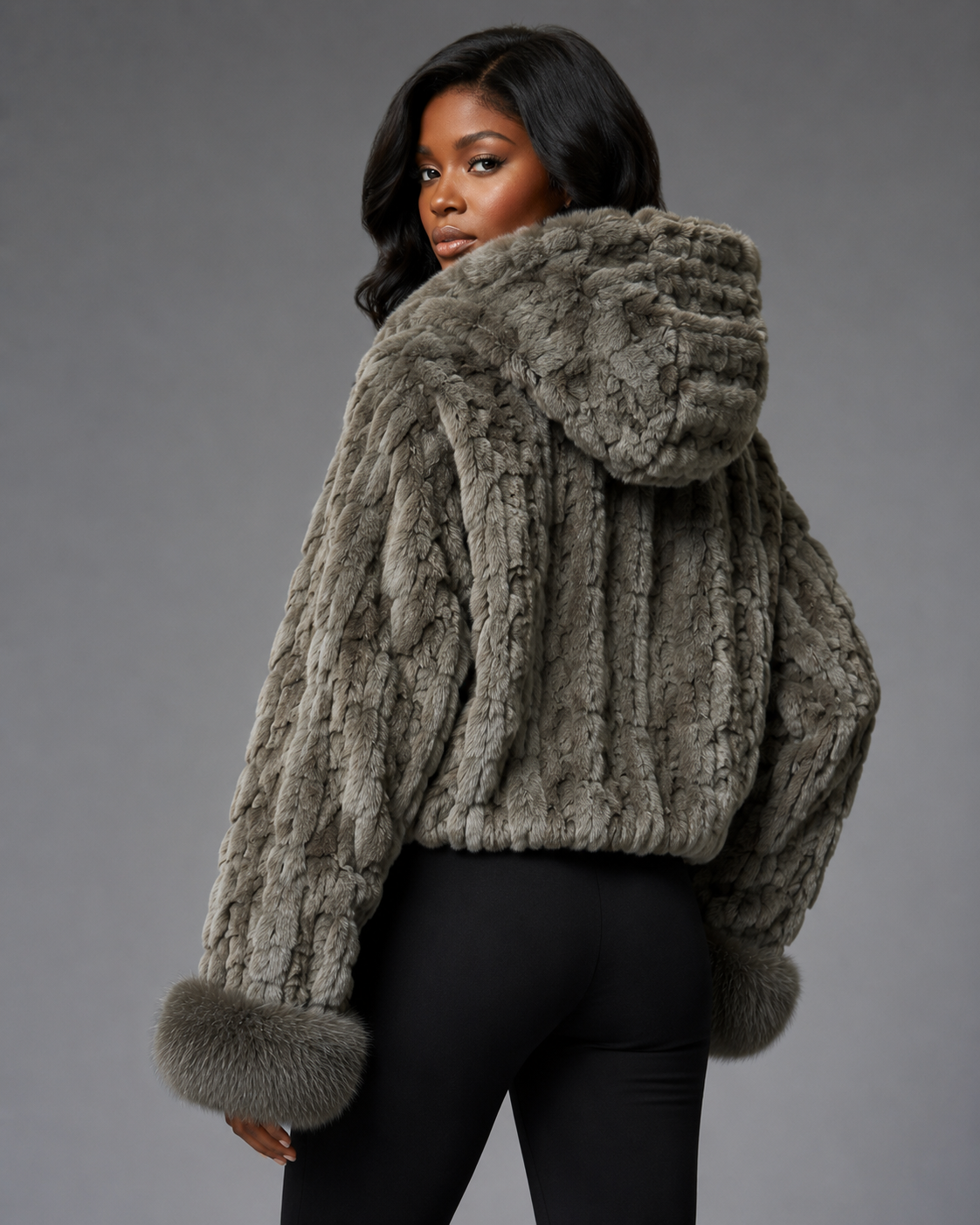 Women’s Grey Mink Faux Fur Hooded Jacket - William Leather