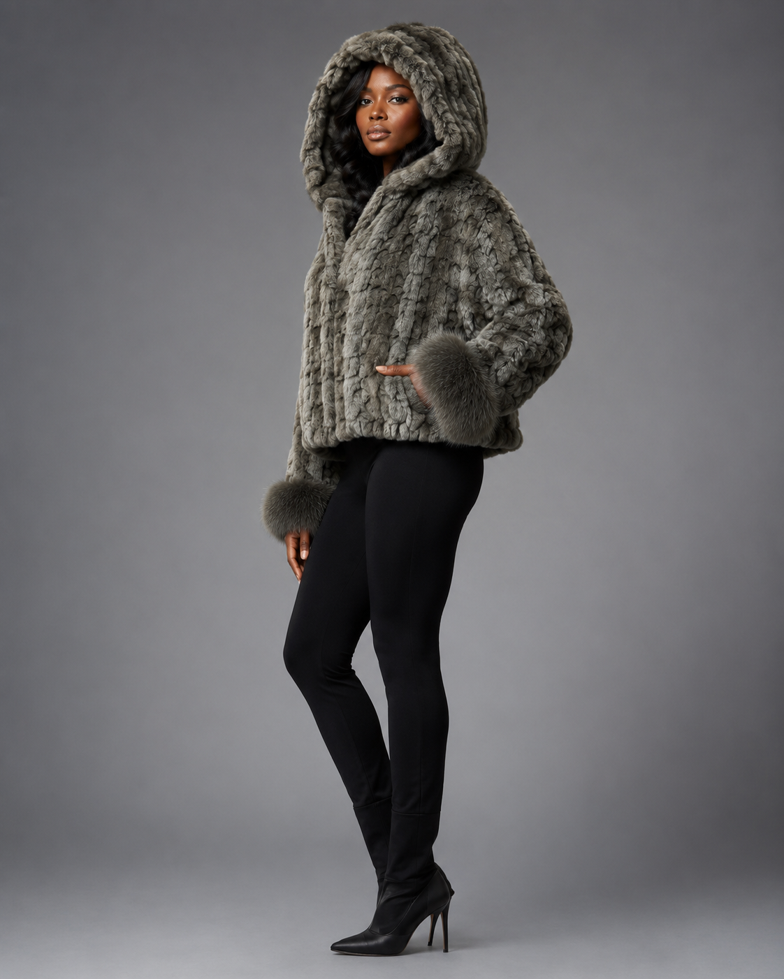 Women’s Grey Mink Faux Fur Hooded Jacket - William Leather