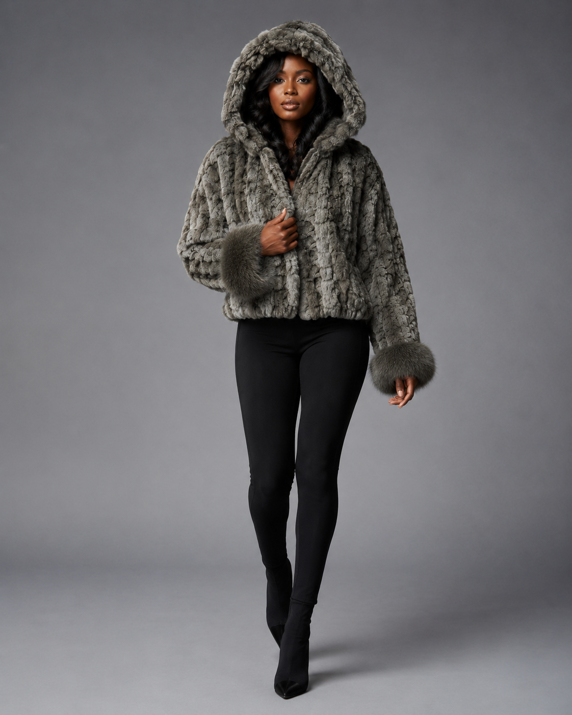 Women’s Grey Mink Faux Fur Hooded Jacket