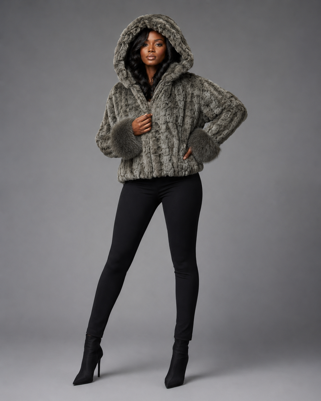 Women’s Grey Mink Faux Fur Hooded Jacket