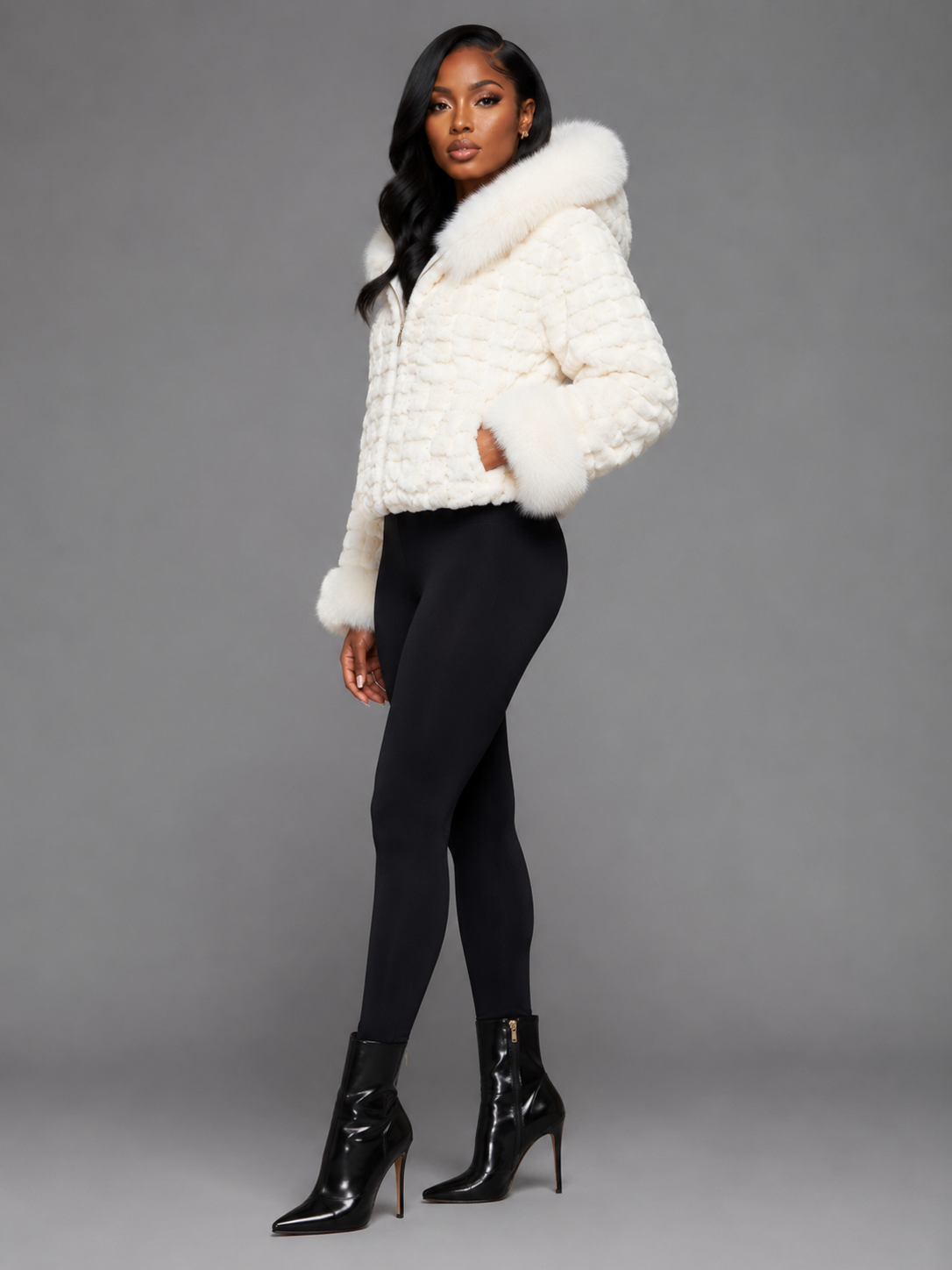 Women’s White Mink Faux Fur Hooded Jacket