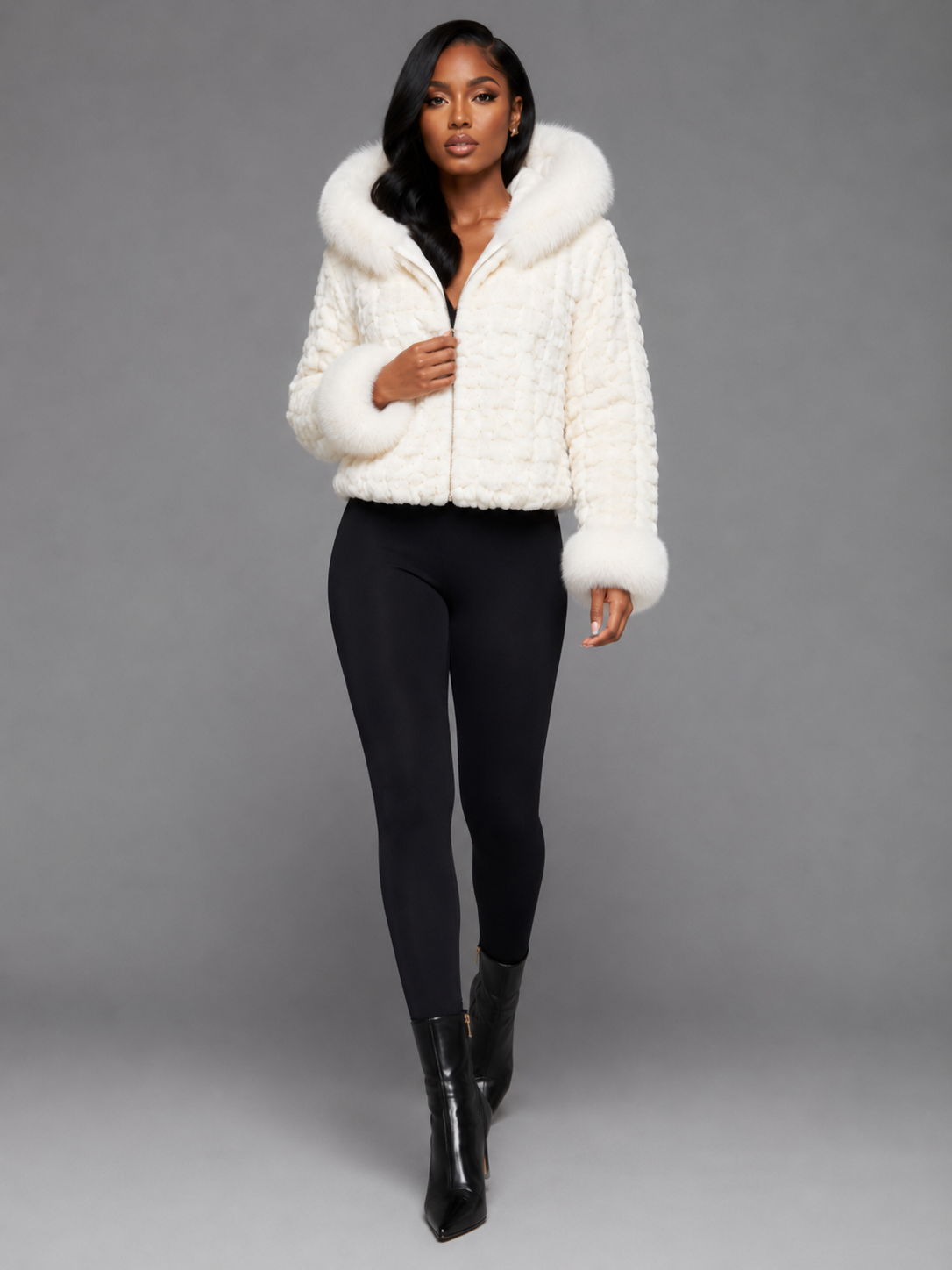 Women’s White Mink Faux Fur Hooded Jacket