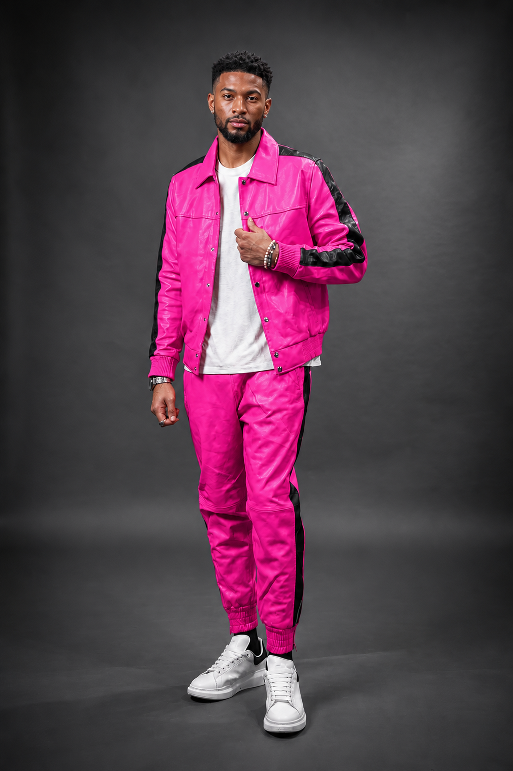 Men's Leather Track Suit Sweatsuit [Pink] - William Leather
