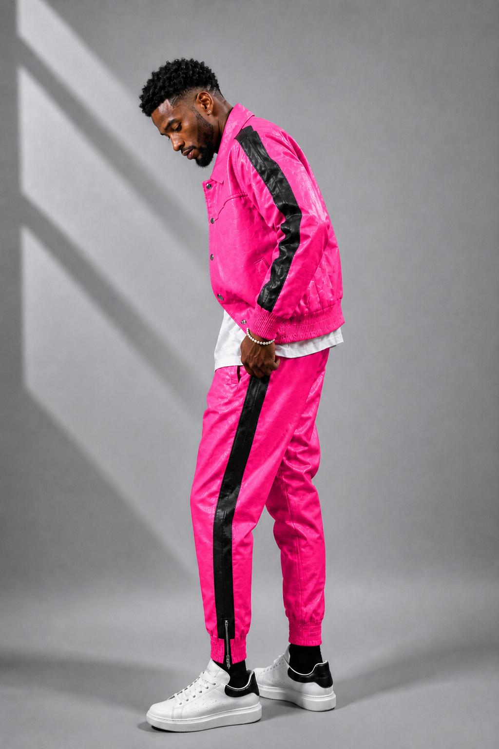 Men's Leather Track Suit Sweatsuit [Pink] - William Leather