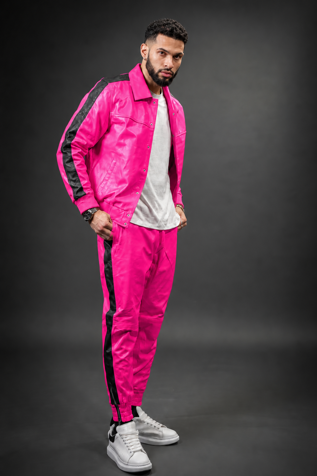 Men's Leather Track Suit Sweatsuit [Pink]
