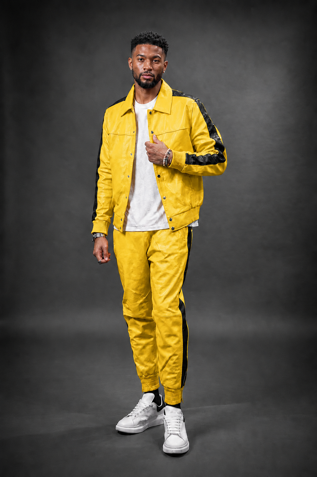 Men's Leather Track Suit Sweatsuit [Yellow] - William Leather