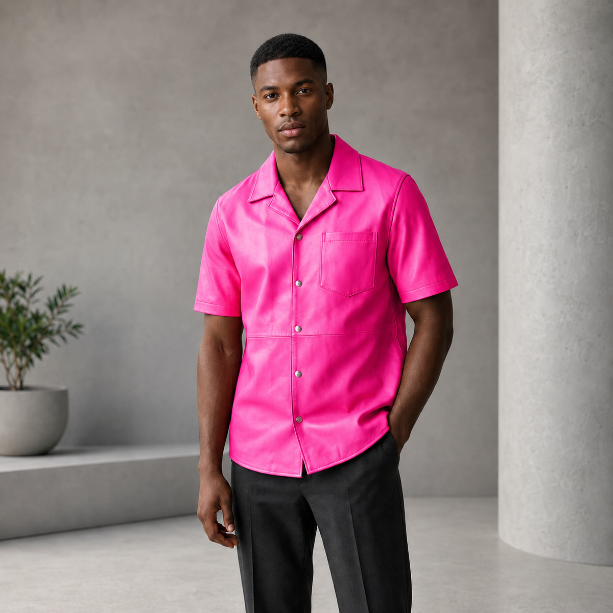Short sleeves casual shirt for men 100% pure Italian lam skin [Pink] - William Leather