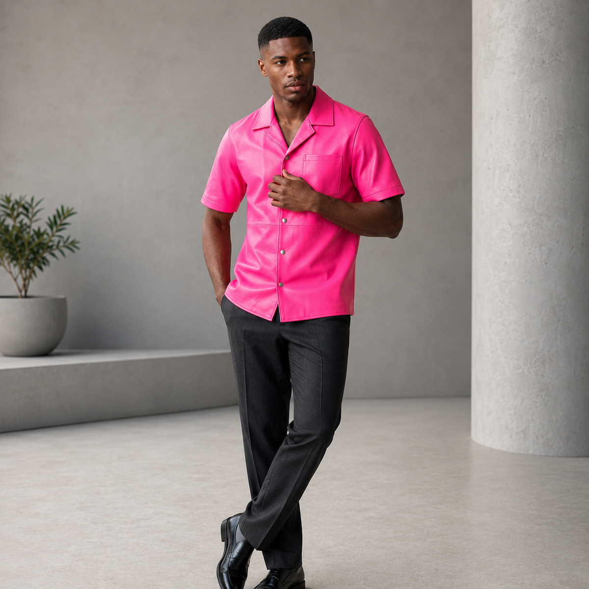 Short sleeves casual shirt for men 100% pure Italian lam skin [Pink] - William Leather