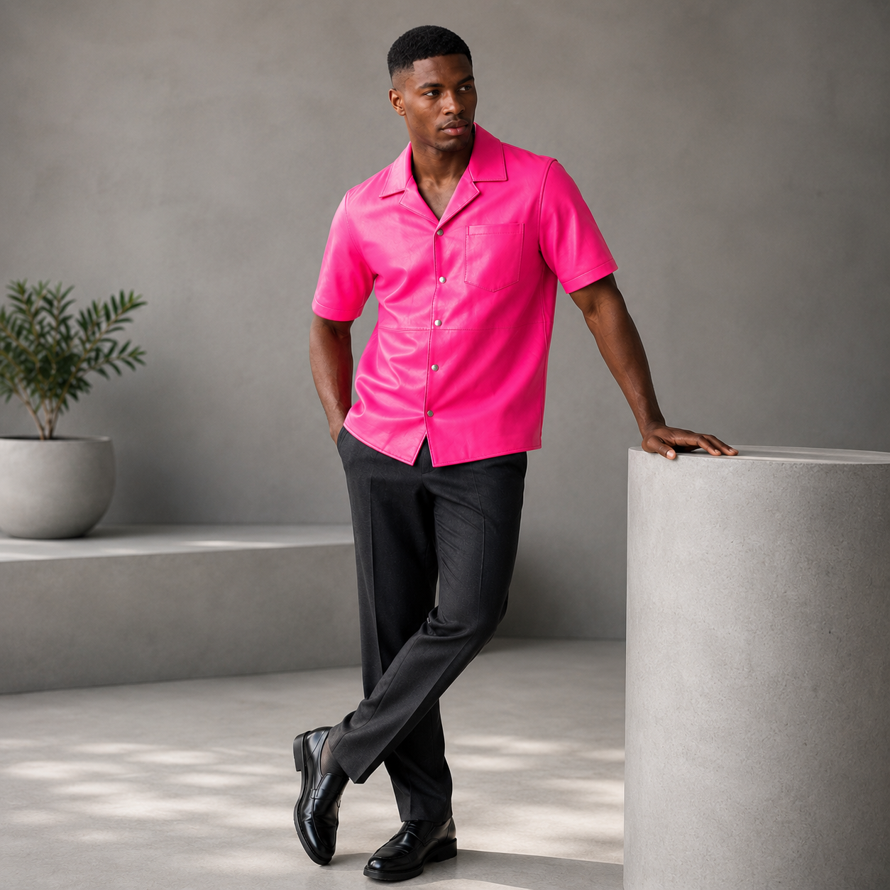 Short sleeves casual shirt for men 100% pure Italian lam skin [Pink]