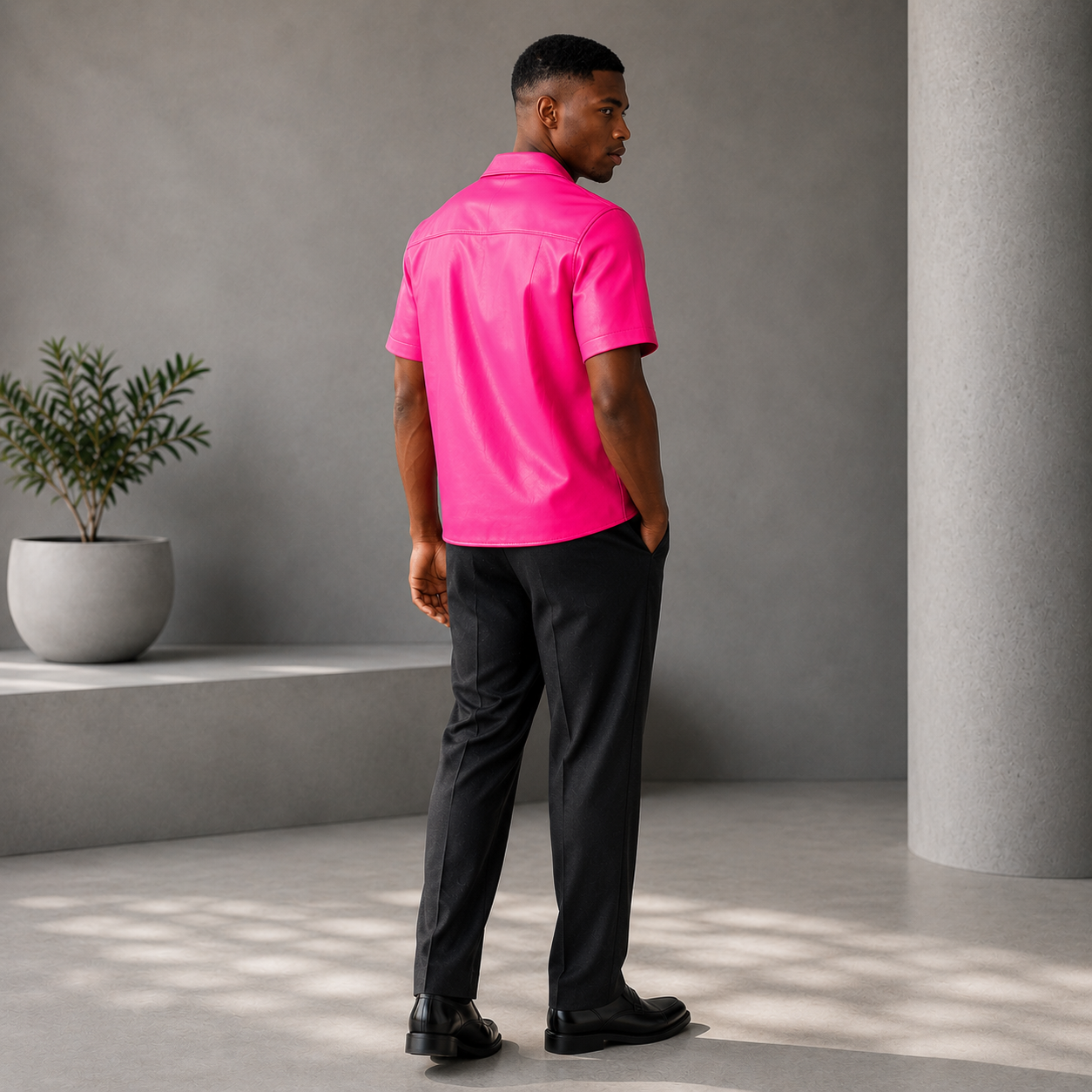 Short sleeves casual shirt for men 100% pure Italian lam skin [Pink]