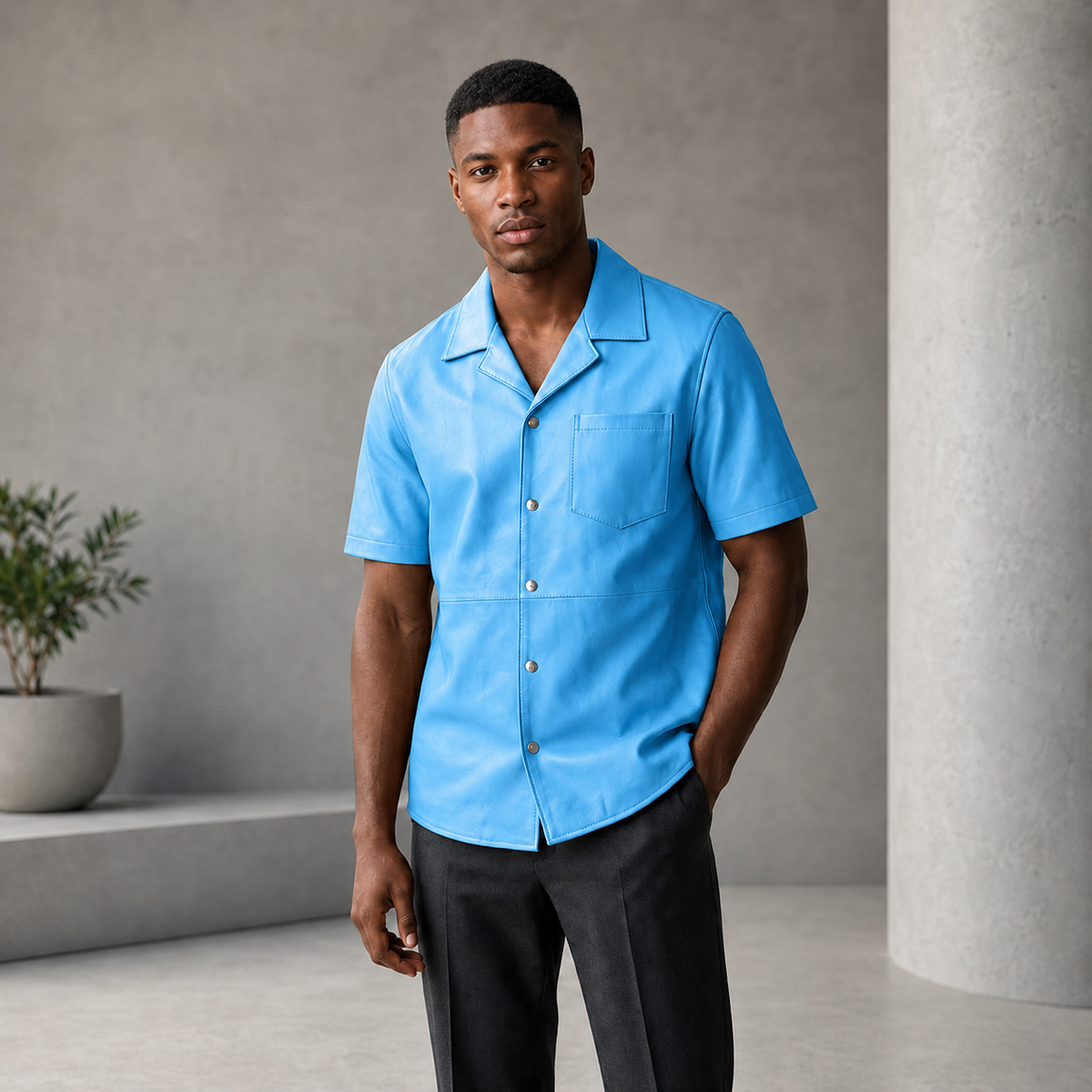 Short sleeves casual shirt for men 100% pure Italian lam skin [Sky Blue] - William Leather
